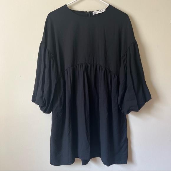 ZARA Women’s Small Voluminous Dress Black Puff Mid Sleeves Loose Fit Stretch - Picture 1 of 10